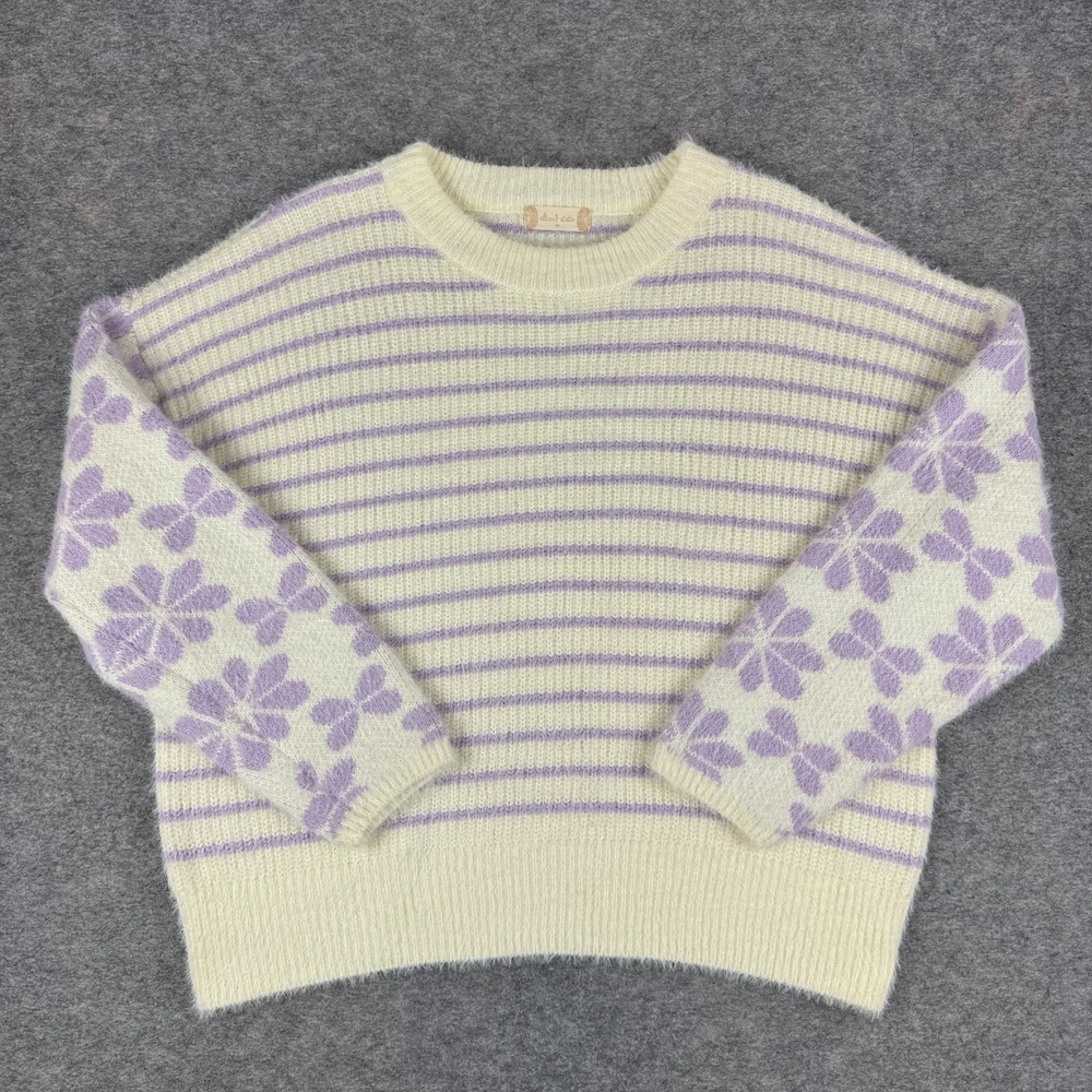 Altar'd State Haley Cream & Lavender Striped Floral Sleeve Crew Sweater Womens M